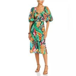 Farm Rio Anthro Women’s Banana Foliage Multicolor Puffe Sleeve Midi Dress NWT M
